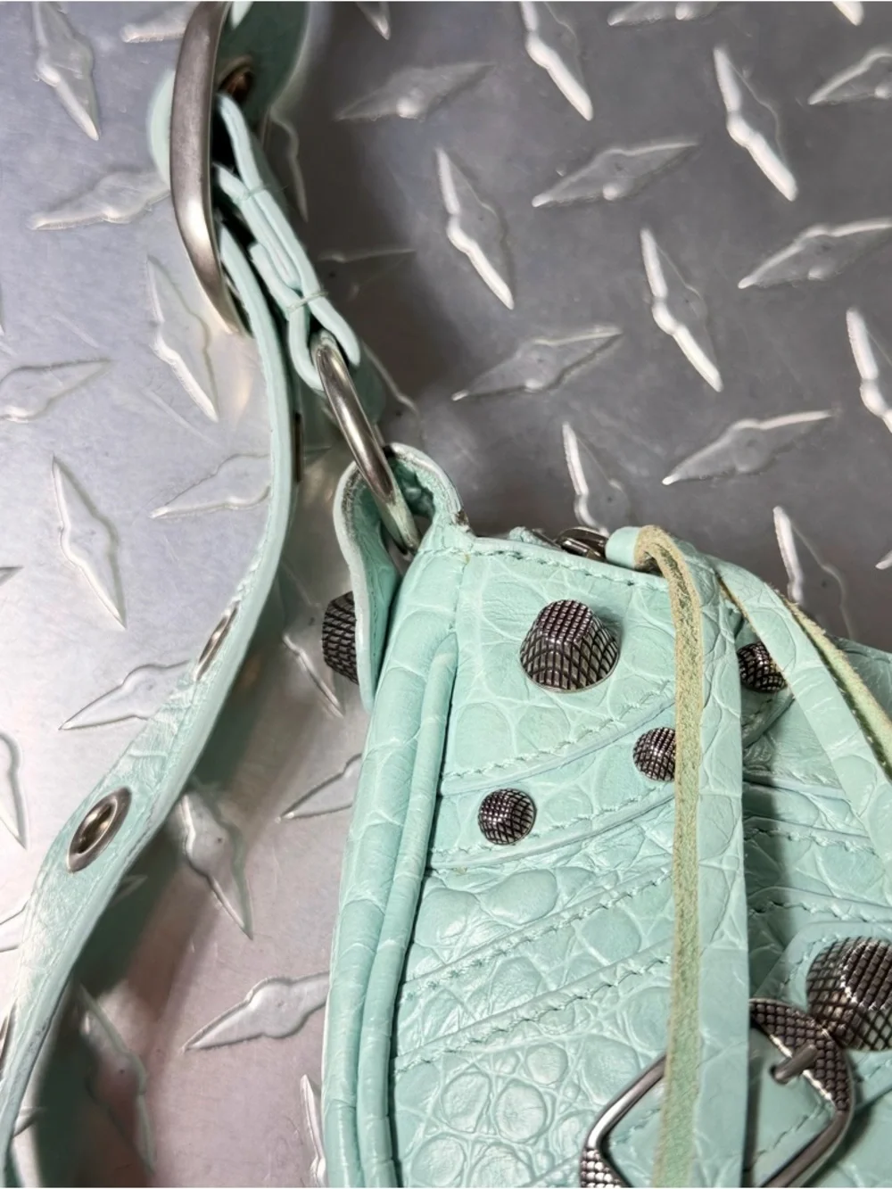 Balenciaga Supple Calfskin Croc Embossed Le Cagole Shoulder Bag in Green Aqua - Picture 6 of 11
